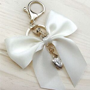 XMAS SALE Ivory White Satin Bow Bag Charm Keychain